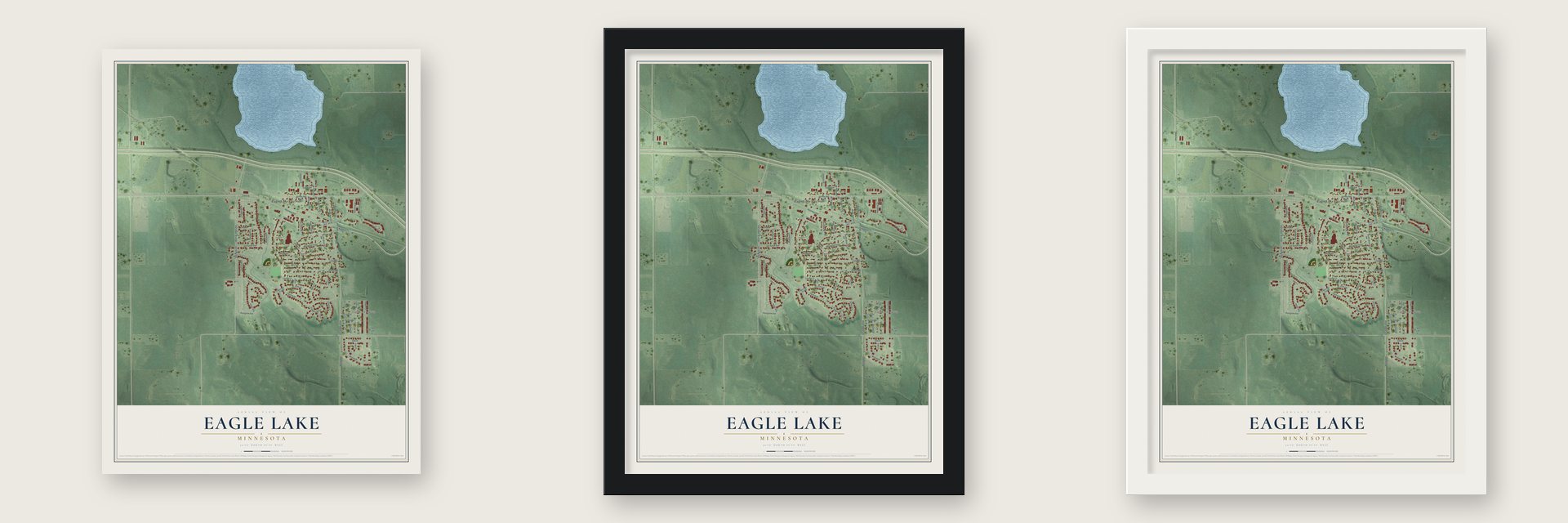 Eagle Lake, Minnesota map unframed, in a black wood frame and in a white wood frame