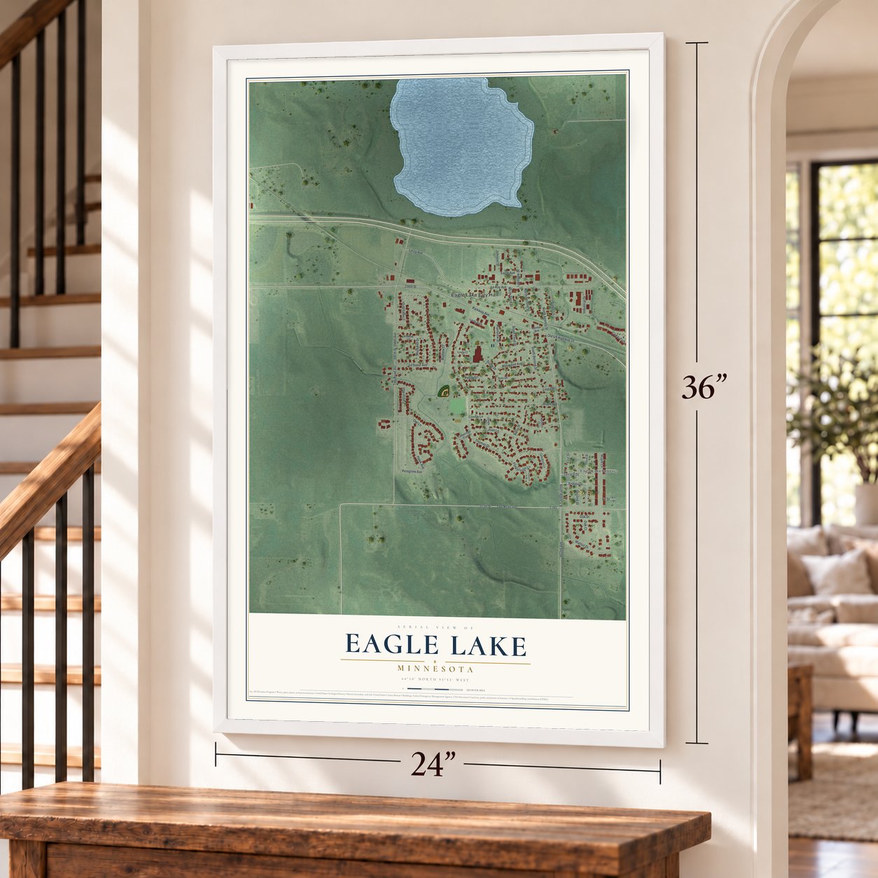 Eagle Lake, Minnesota map, 24 x 36 inch print in a white frame by a staircase
