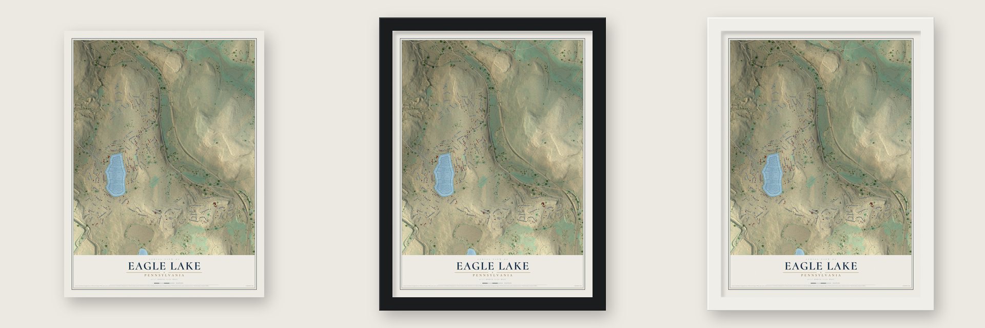 Eagle Lake, Pennsylvania map unframed, in a black wood frame and in a white wood frame