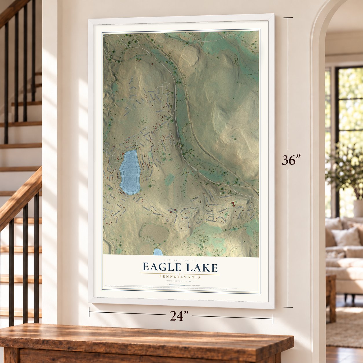 Eagle Lake, Pennsylvania map, 24 x 36 inch print in a white frame by a staircase