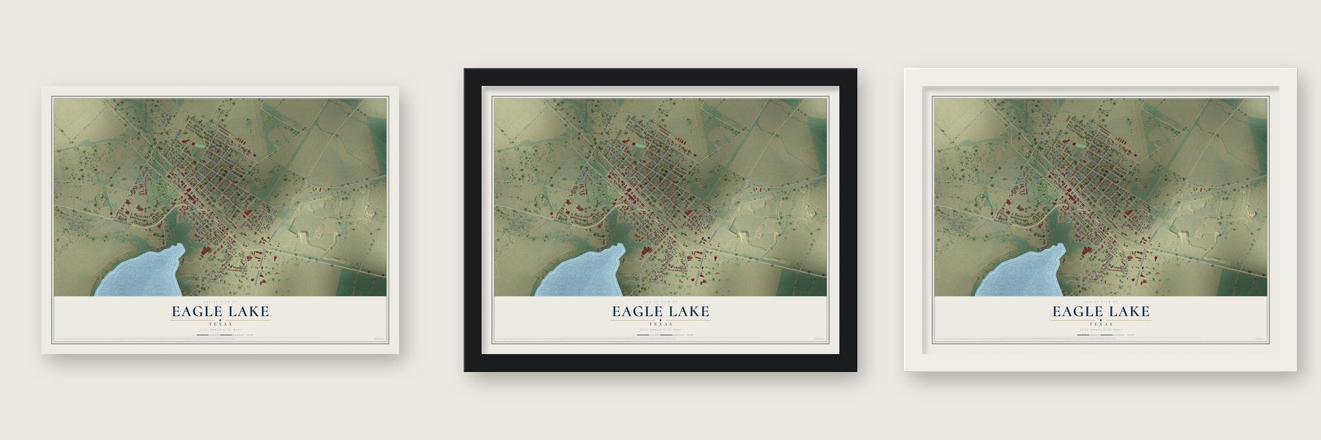 Eagle Lake, Texas map unframed, in a black wood frame and in a white wood frame