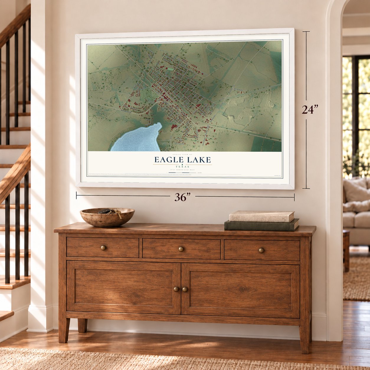 Eagle Lake, Texas map, 24 x 36 inch print in a white frame above a dresser by a staircase