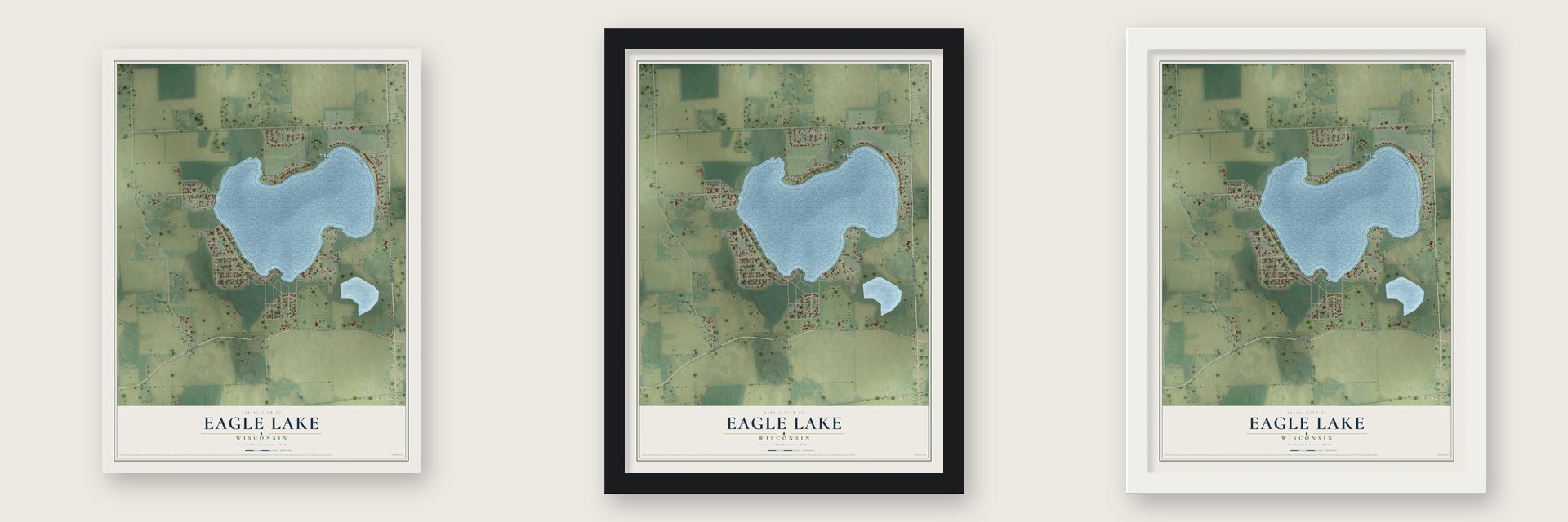 Eagle Lake, Wisconsin map unframed, in a black wood frame and in a white wood frame