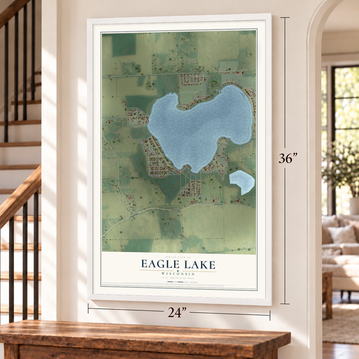 Eagle Lake, Wisconsin map, 24 x 36 inch print in a white frame by a staircase