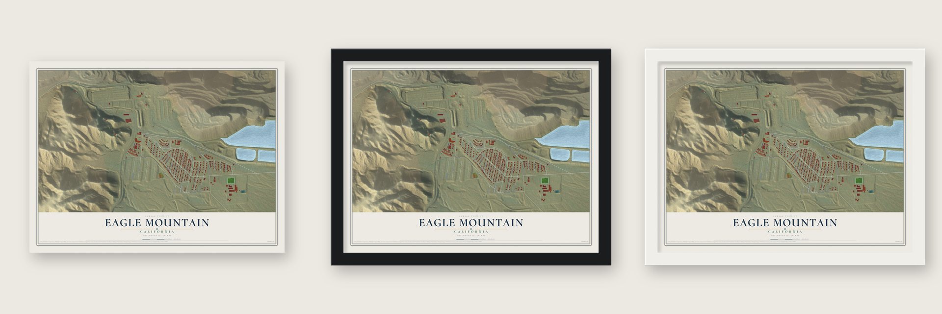 Eagle Mountain, California map unframed, in a black wood frame and in a white wood frame