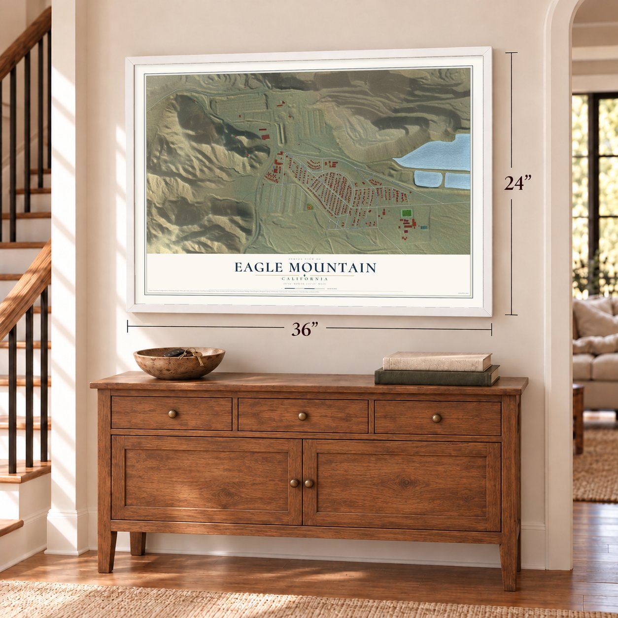 Eagle Mountain, California map, 24 x 36 inch print in a white frame above a dresser by a staircase