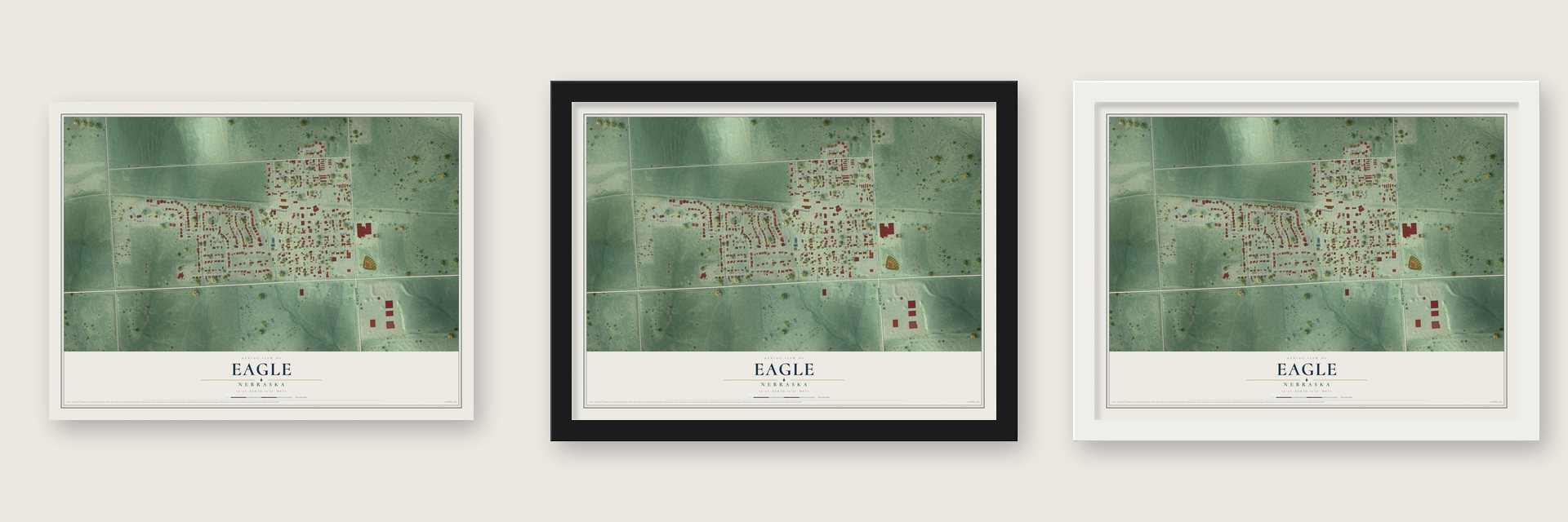 Eagle, Nebraska map unframed, in a black wood frame and in a white wood frame