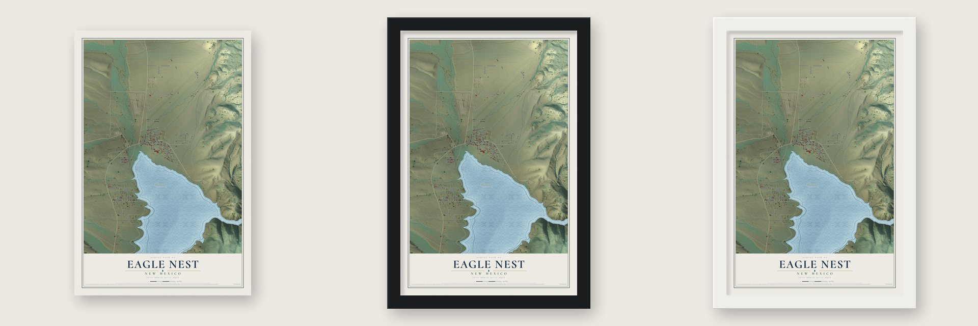 Eagle Nest, New Mexico map unframed, in a black wood frame and in a white wood frame