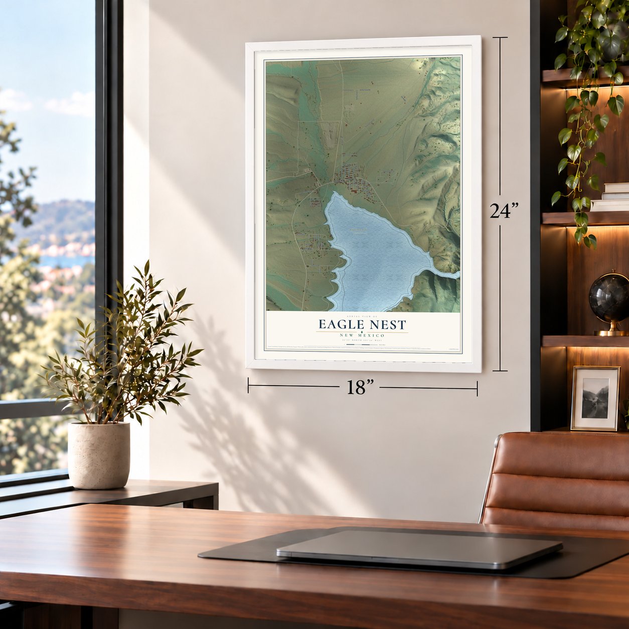 Eagle Nest, New Mexico map, 18 x 24 inch print in a white frame in a home office