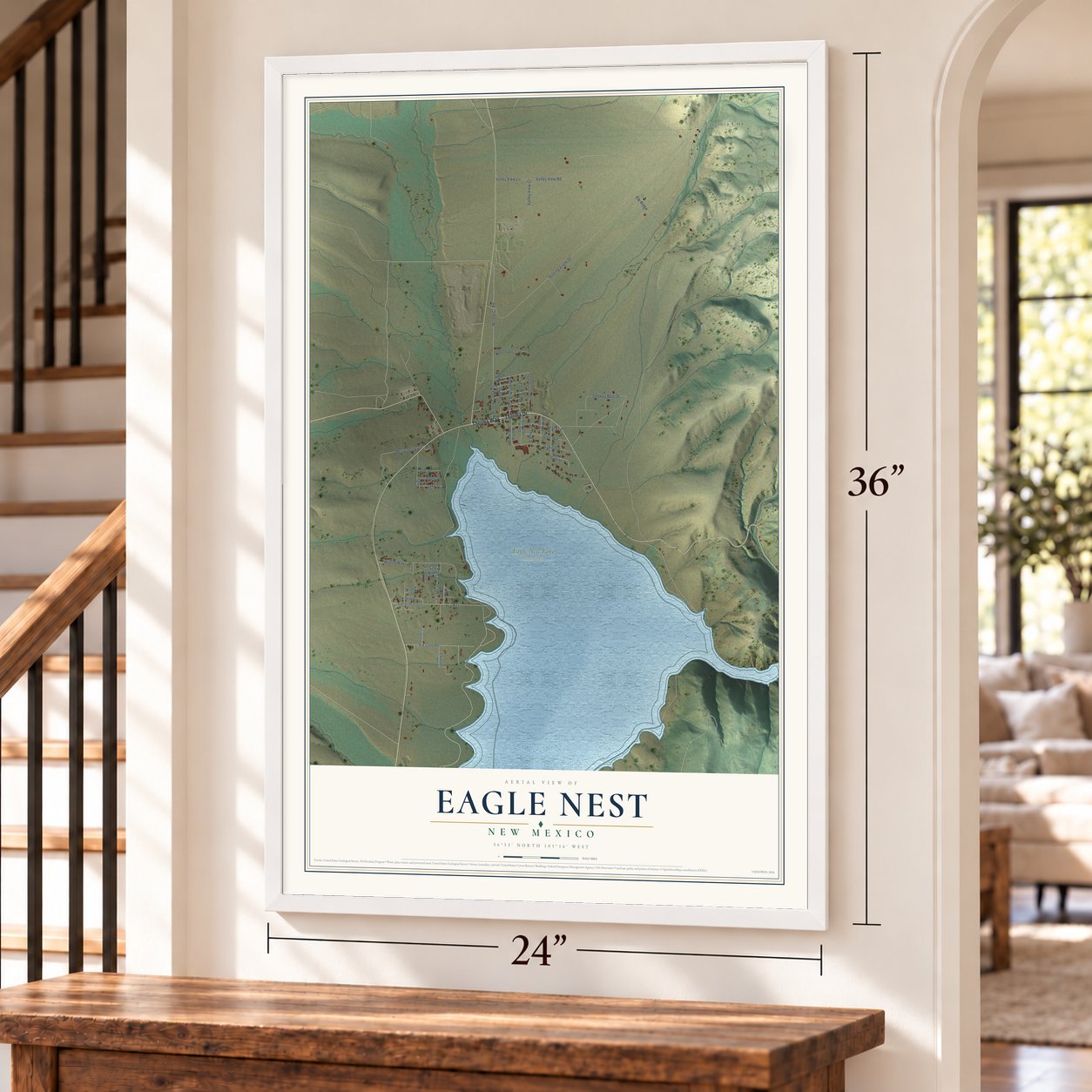 Eagle Nest, New Mexico map, 24 x 36 inch print in a white frame by a staircase