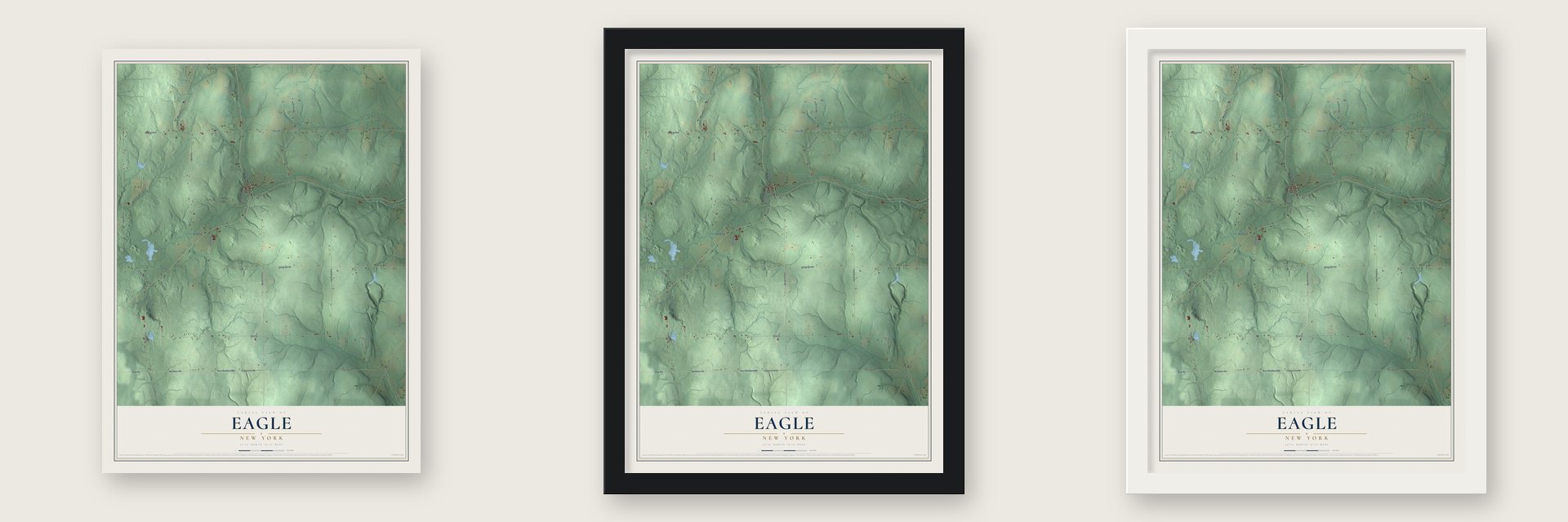 Eagle, New York map unframed, in a black wood frame and in a white wood frame