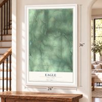 Eagle, New York map, 24 x 36 inch print in a white frame by a staircase