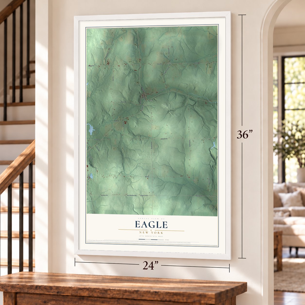 Eagle, New York map, 24 x 36 inch print in a white frame by a staircase