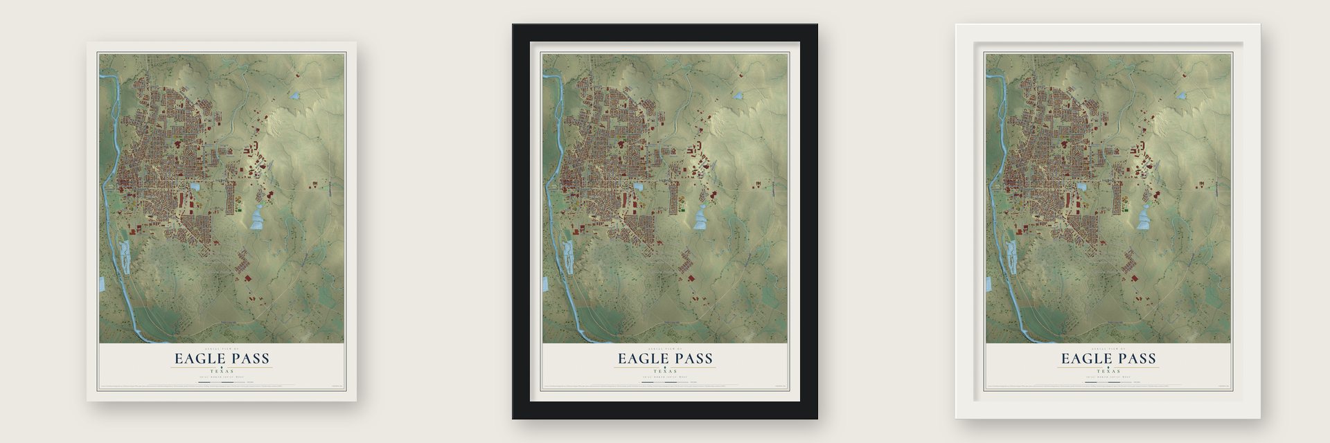 Eagle Pass, Texas map unframed, in a black wood frame and in a white wood frame