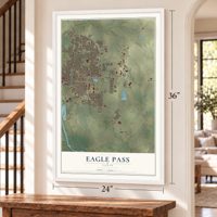 Eagle Pass, Texas map, 24 x 36 inch print in a white frame by a staircase