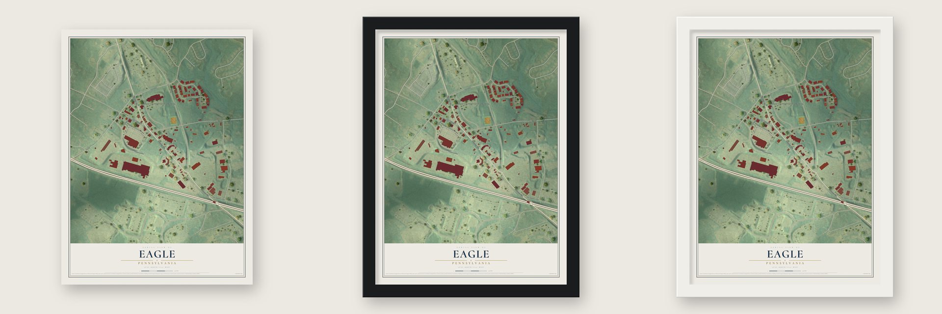 Eagle, Pennsylvania map unframed, in a black wood frame and in a white wood frame