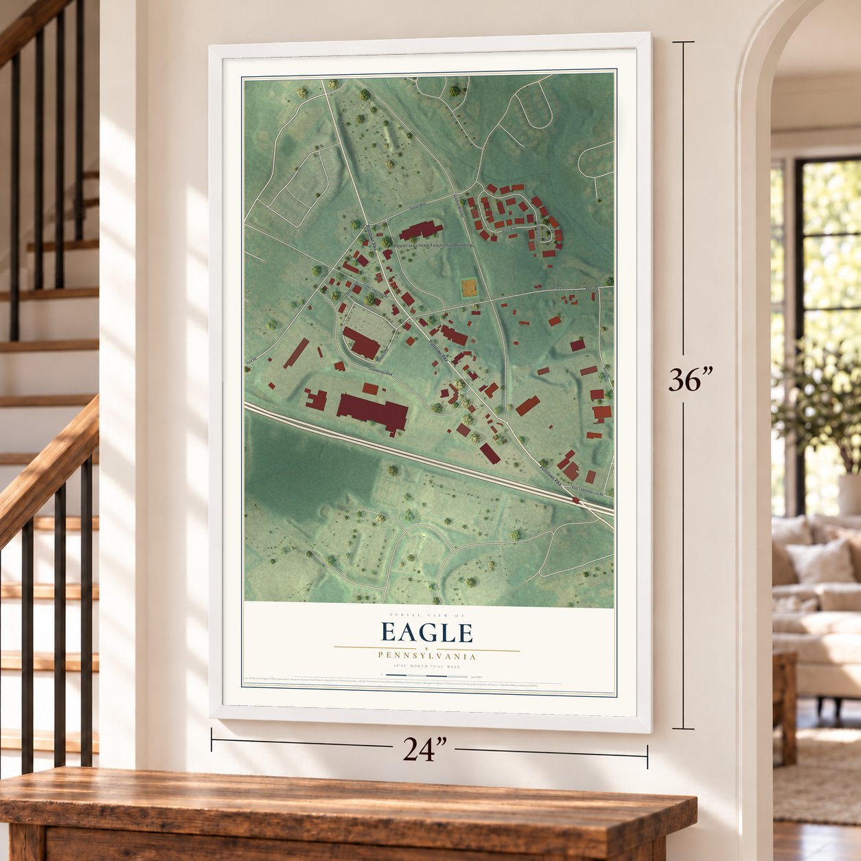 Eagle, Pennsylvania map, 24 x 36 inch print in a white frame by a staircase
