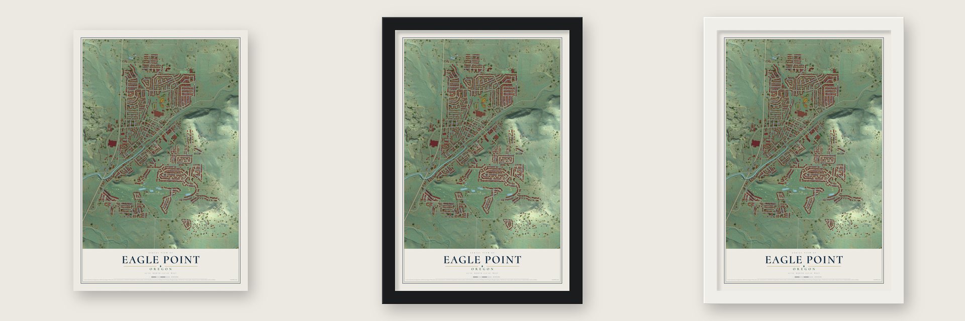 Eagle Point, Oregon map unframed, in a black wood frame and in a white wood frame