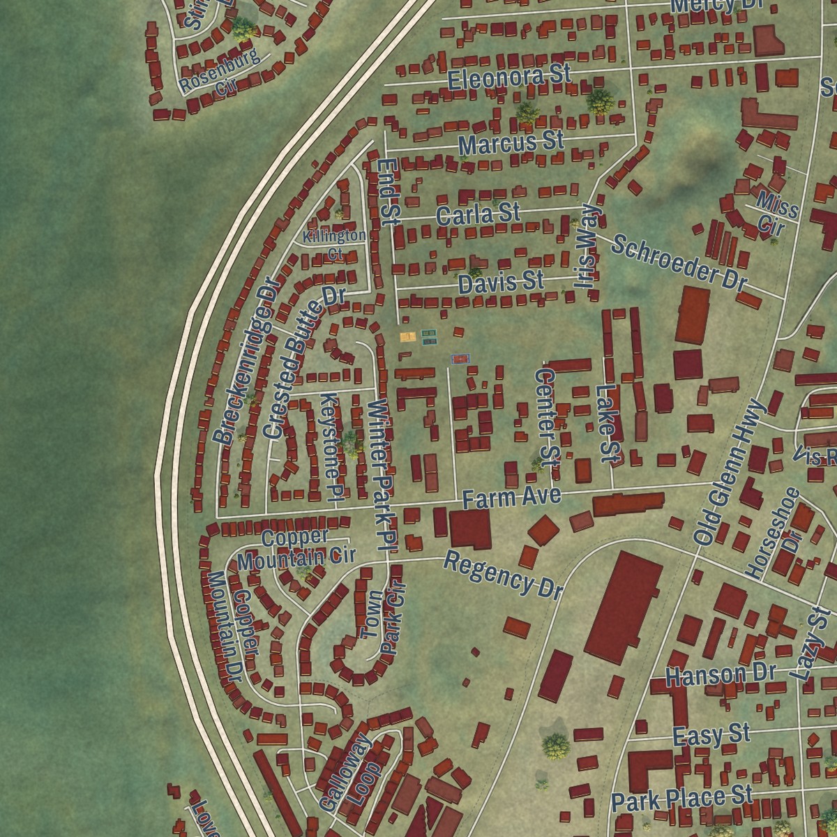 Second close-up of the map of Eagle River, Alaska print showing more streets and buildings