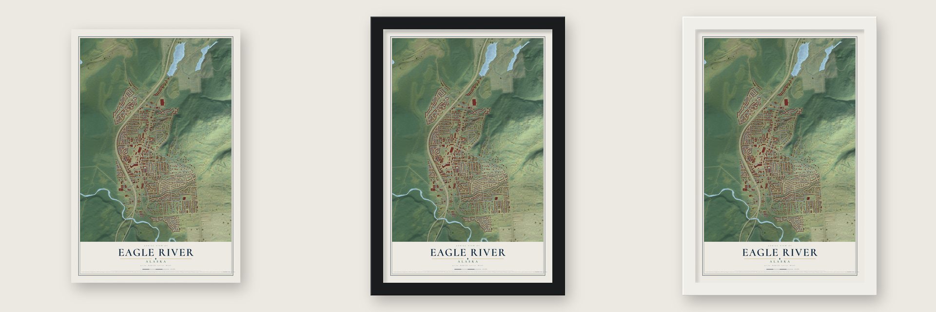 Eagle River, Alaska map unframed, in a black wood frame and in a white wood frame