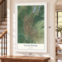 Eagle River, Alaska map, 24 x 36 inch print in a white frame by a staircase