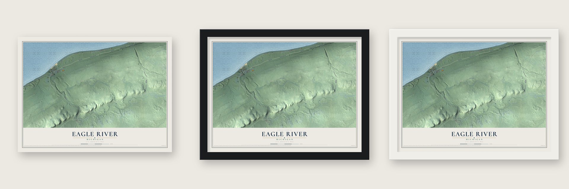 Eagle River, Michigan map unframed, in a black wood frame and in a white wood frame