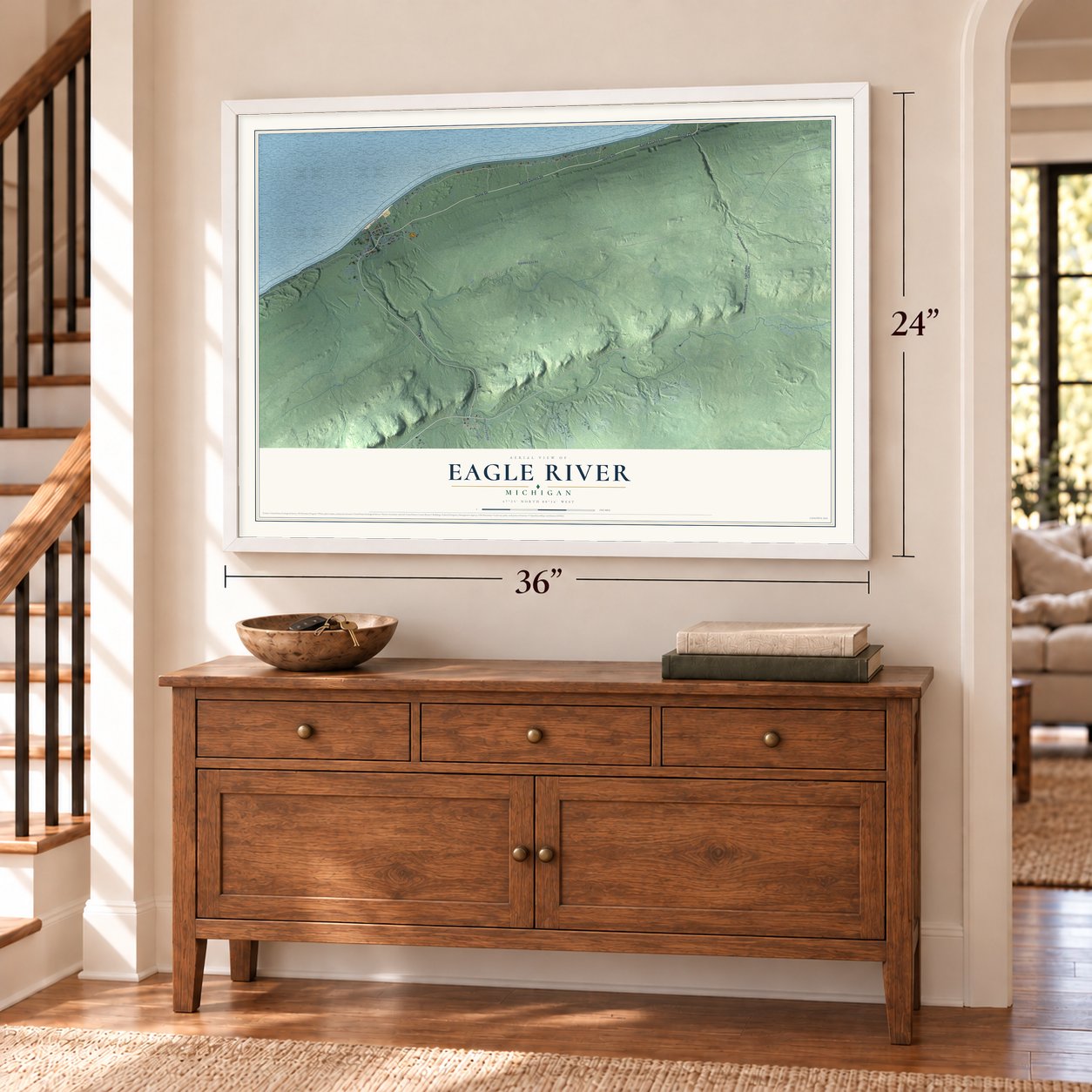 Eagle River, Michigan map, 24 x 36 inch print in a white frame above a dresser by a staircase