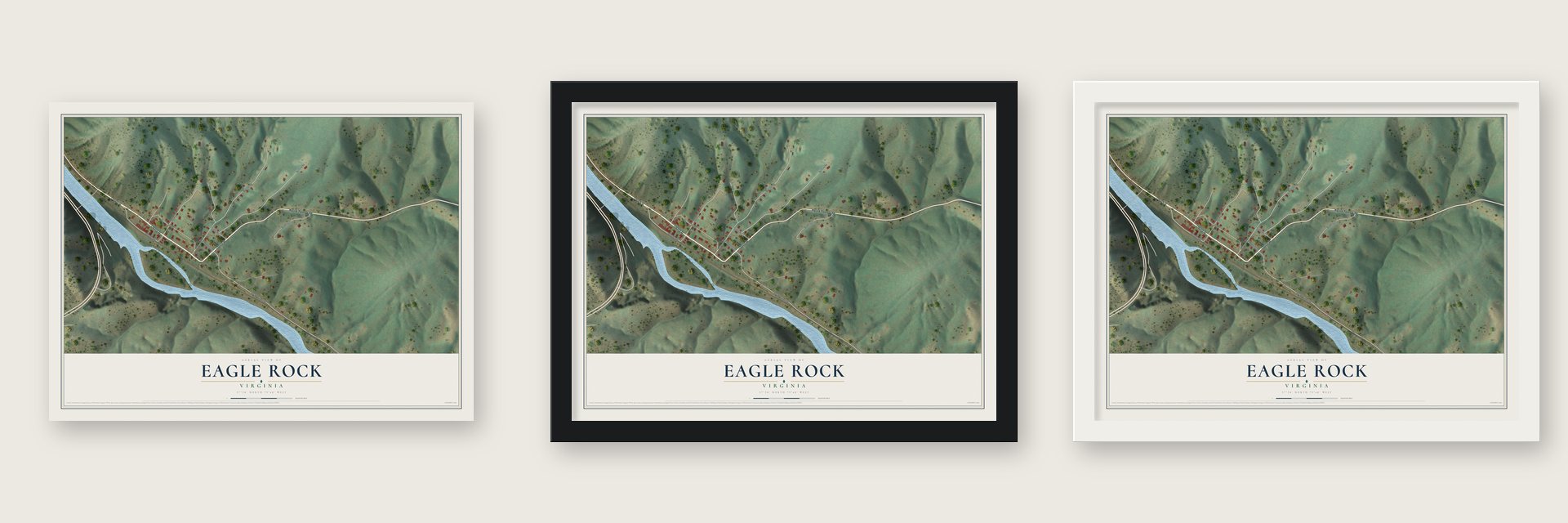 Eagle Rock, Virginia map unframed, in a black wood frame and in a white wood frame