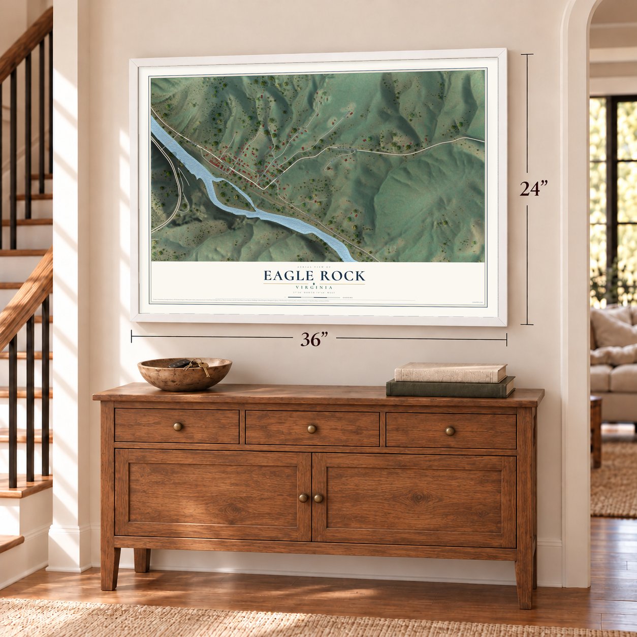 Eagle Rock, Virginia map, 24 x 36 inch print in a white frame above a dresser by a staircase