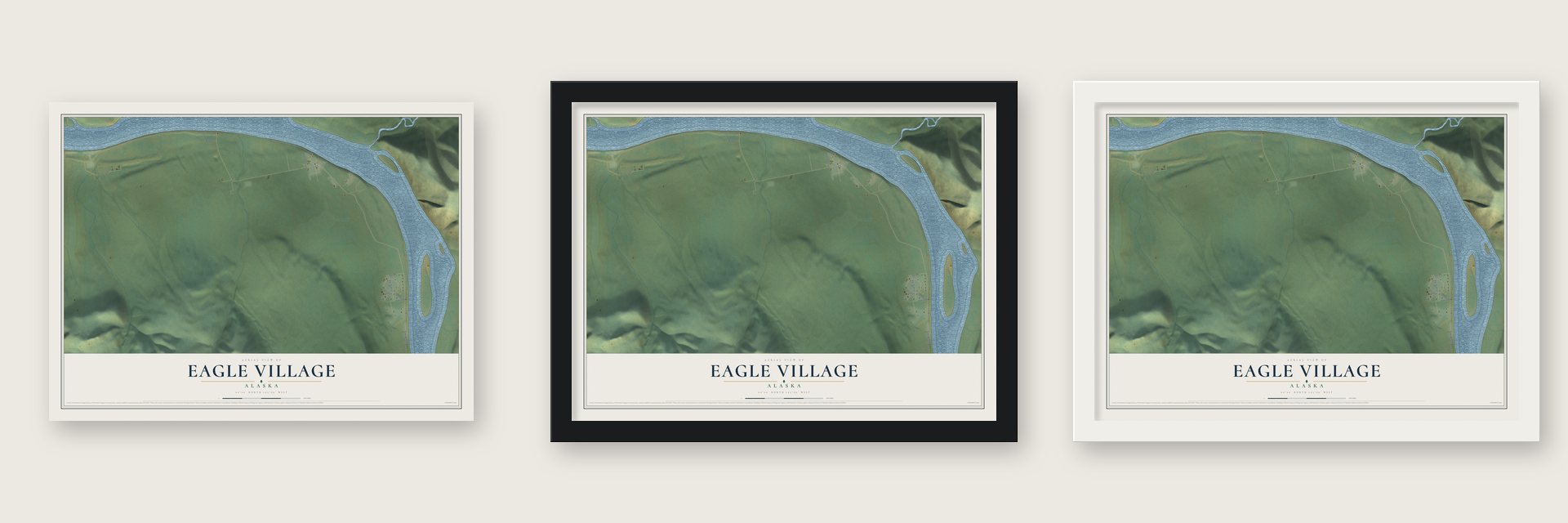 Eagle Village, Alaska map unframed, in a black wood frame and in a white wood frame