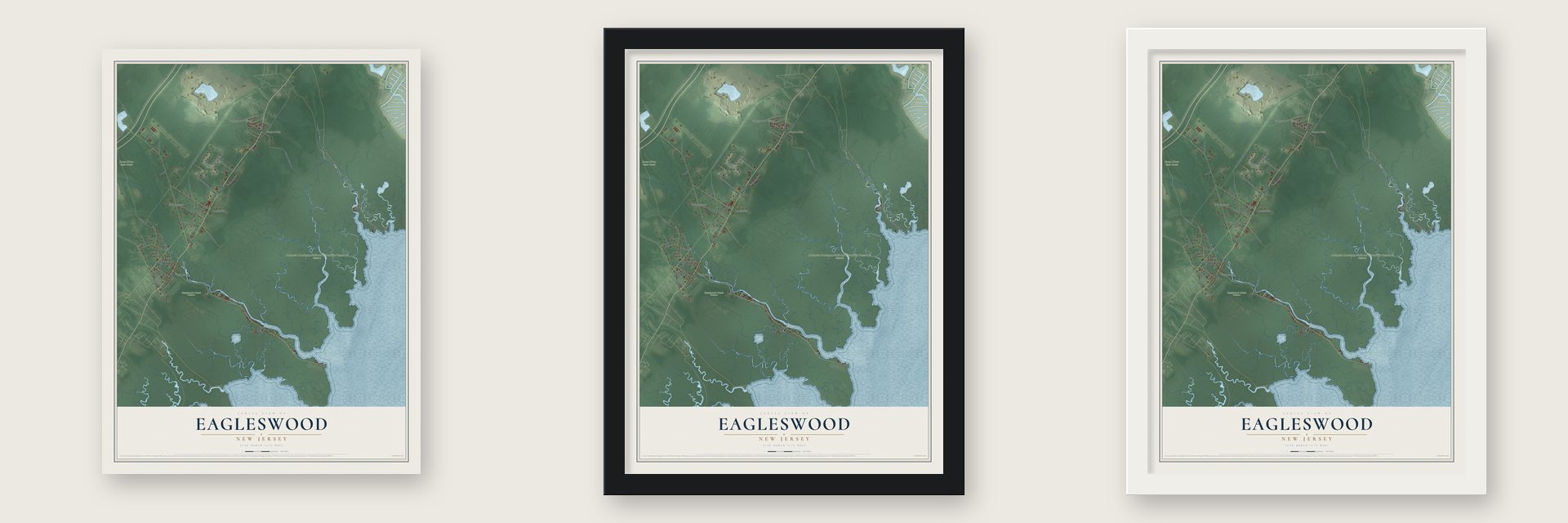 Eagleswood, New Jersey map unframed, in a black wood frame and in a white wood frame