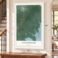 Eagleswood, New Jersey map, 24 x 36 inch print in a white frame by a staircase