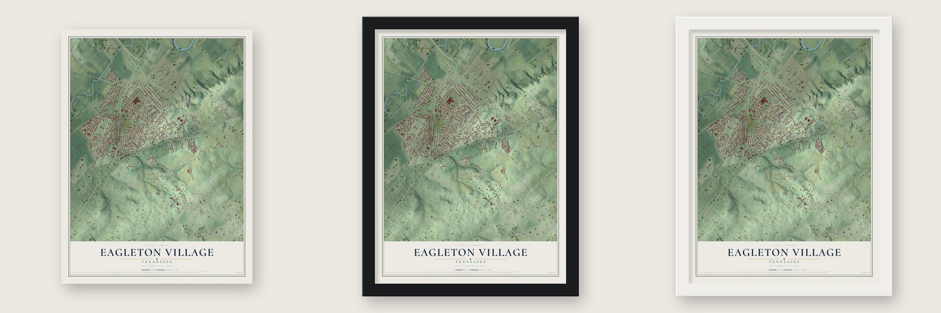 Eagleton Village, Tennessee map unframed, in a black wood frame and in a white wood frame