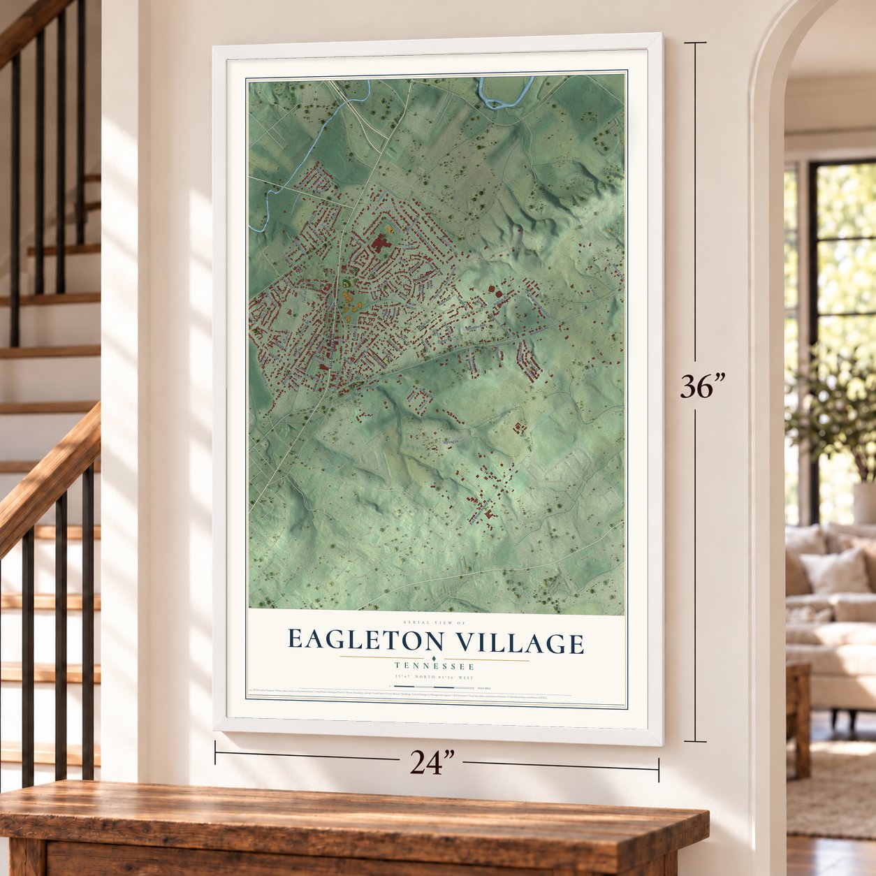 Eagleton Village, Tennessee map, 24 x 36 inch print in a white frame by a staircase