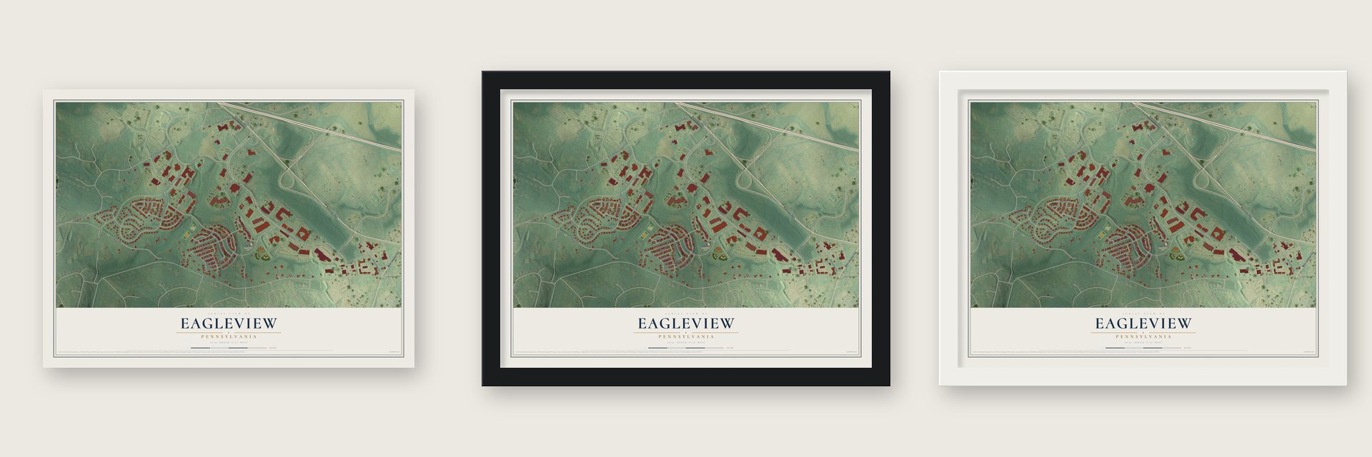 Eagleview, Pennsylvania map unframed, in a black wood frame and in a white wood frame