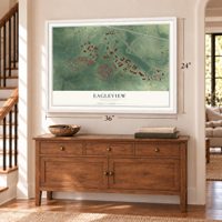 Eagleview, Pennsylvania map, 24 x 36 inch print in a white frame above a dresser by a staircase
