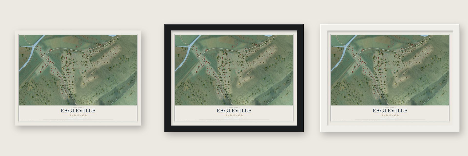 Eagleville, Pennsylvania map unframed, in a black wood frame and in a white wood frame