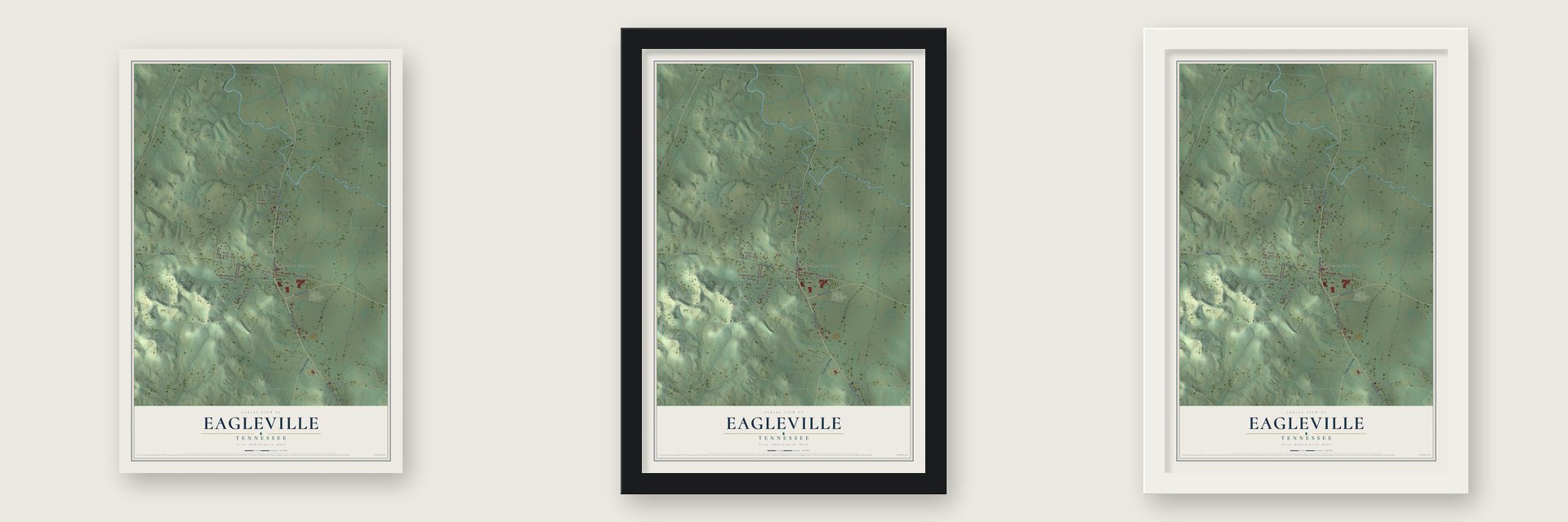 Eagleville, Tennessee map unframed, in a black wood frame and in a white wood frame