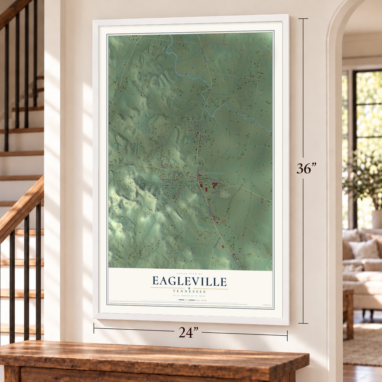 Eagleville, Tennessee map, 24 x 36 inch print in a white frame by a staircase