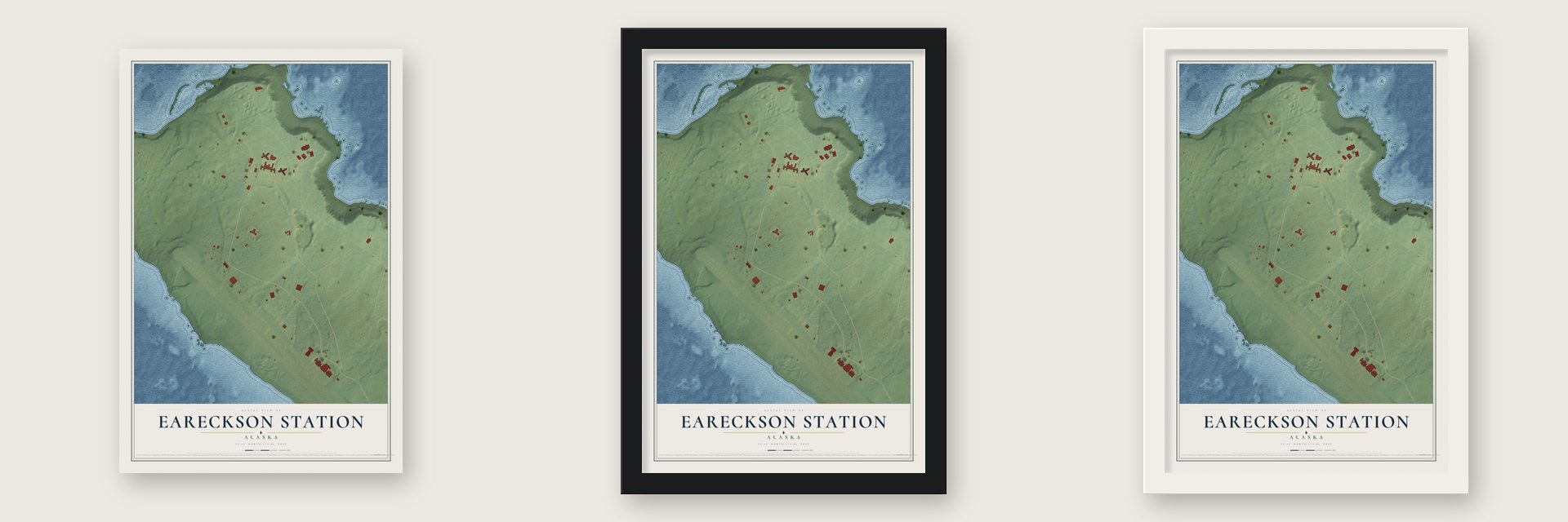 Eareckson Station, Alaska map unframed, in a black wood frame and in a white wood frame