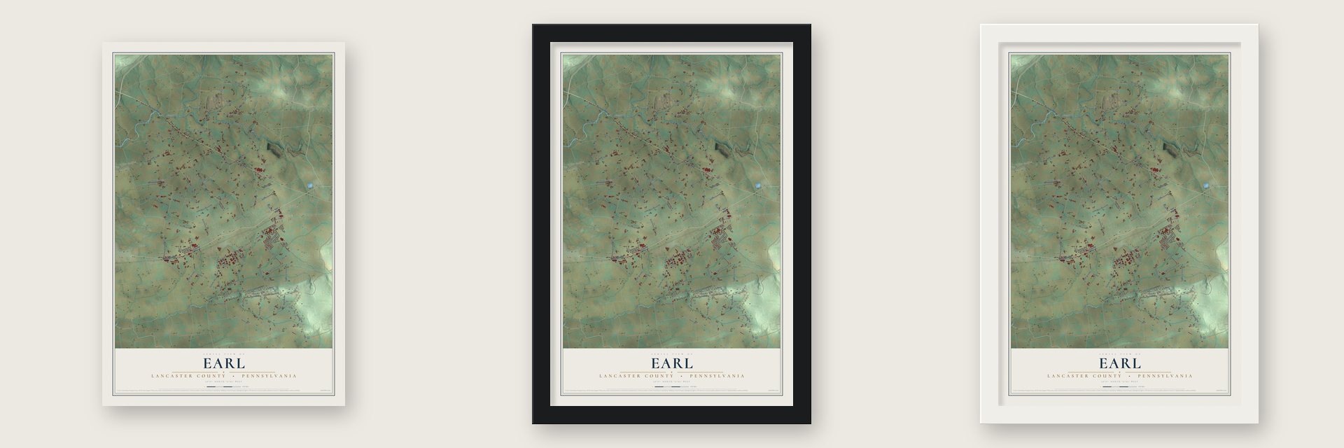 Earl, Lancaster County, Pennsylvania map unframed, in a black wood frame and in a white wood frame