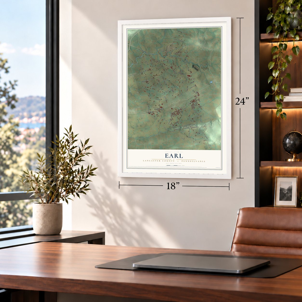 Earl, Lancaster County, Pennsylvania map, 18 x 24 inch print in a white frame in a home office