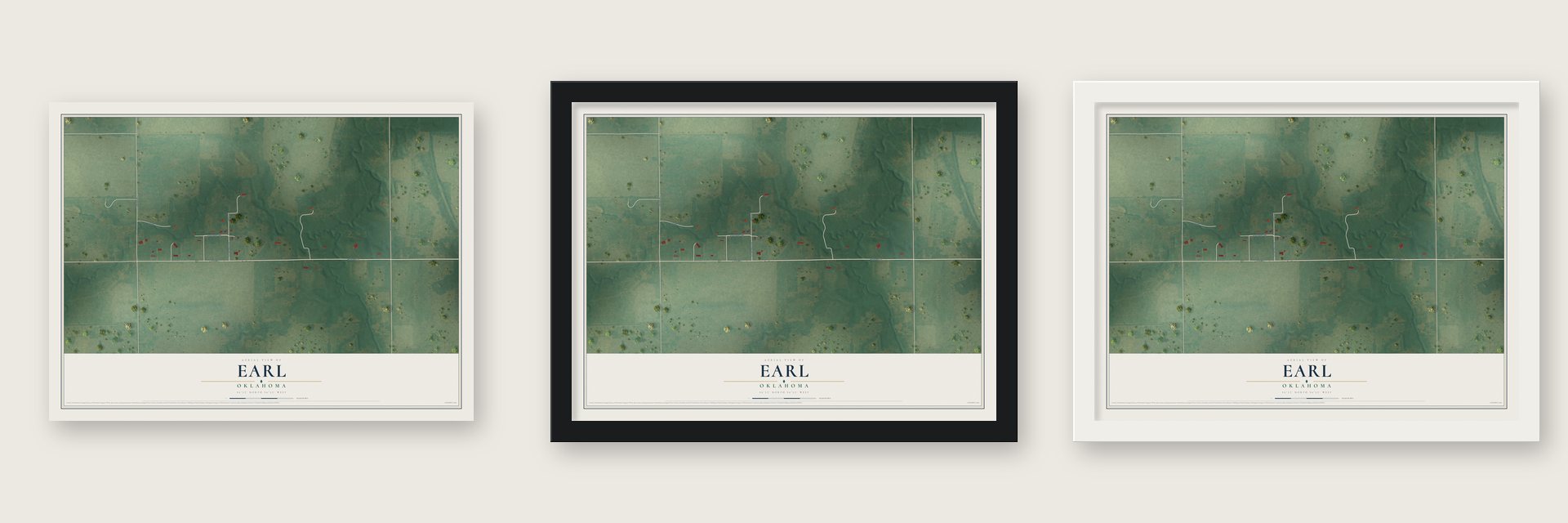 Earl, Oklahoma map unframed, in a black wood frame and in a white wood frame