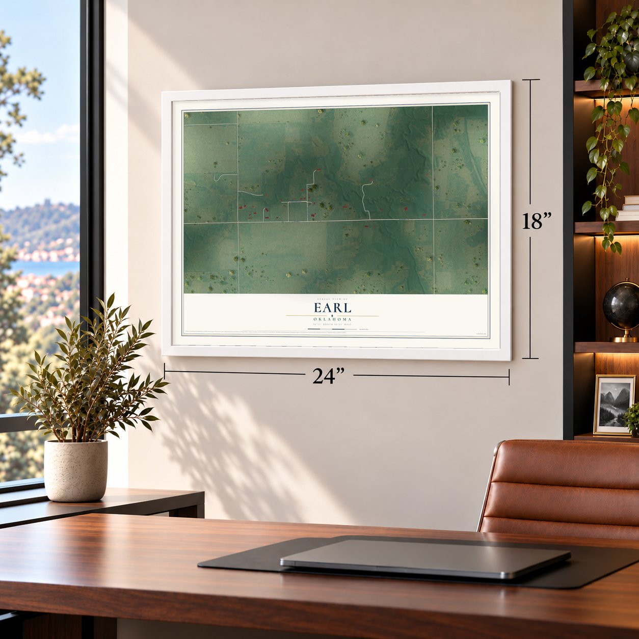 Earl, Oklahoma map, 18 x 24 inch print in a white frame in a home office