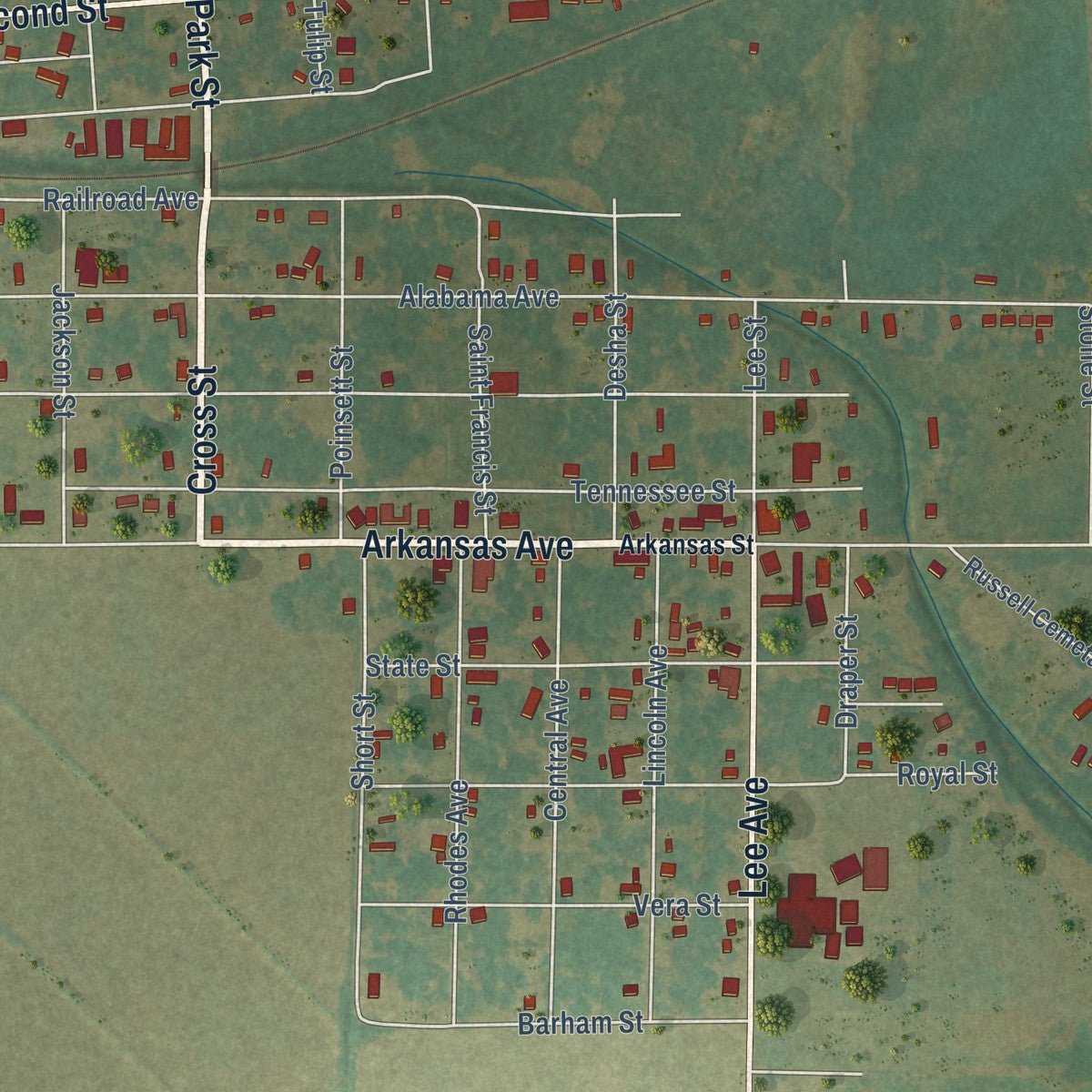 Second close-up of the map of Earle, Arkansas print showing more streets and buildings