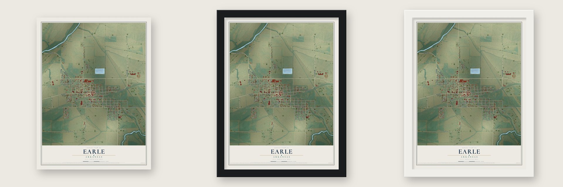 Earle, Arkansas map unframed, in a black wood frame and in a white wood frame