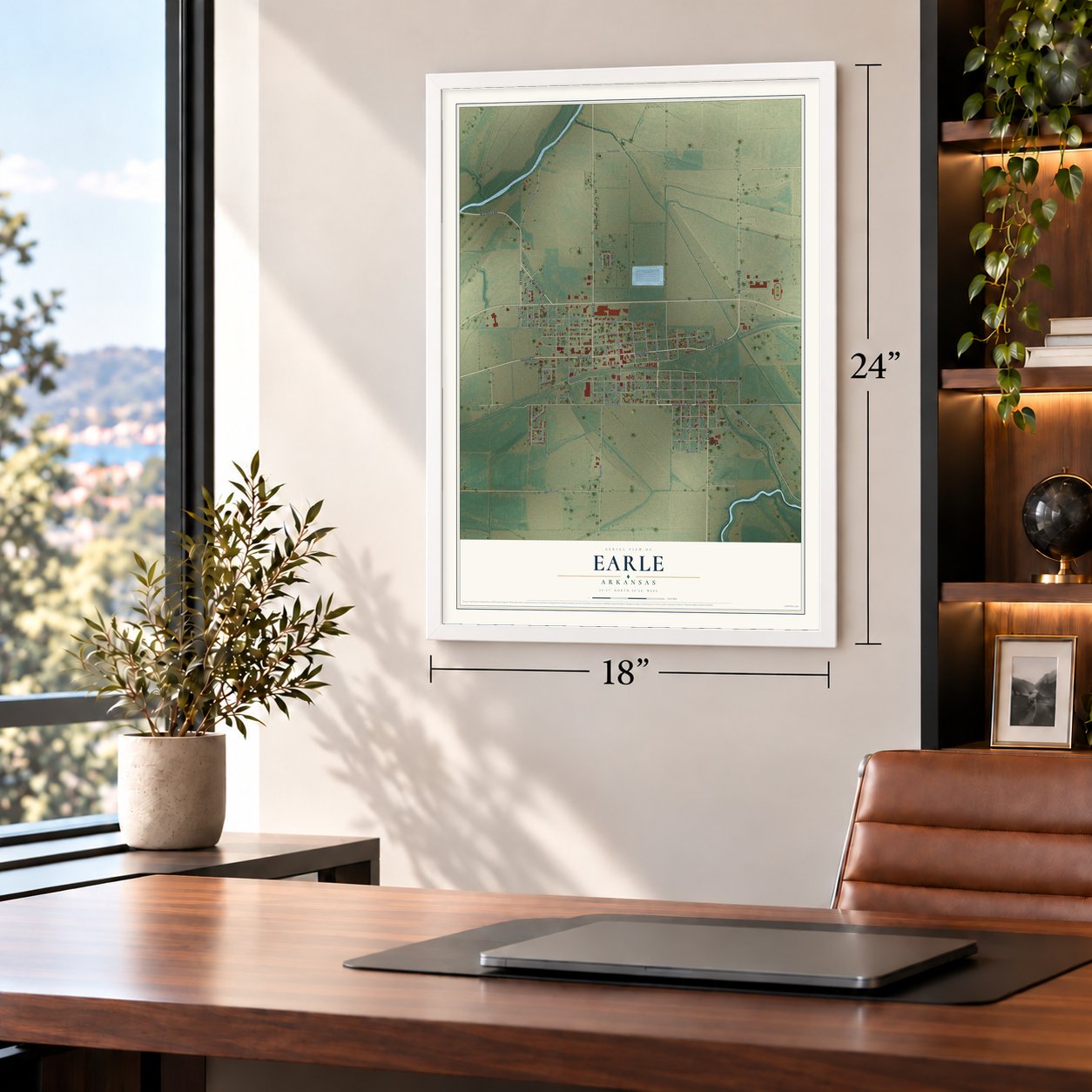 Earle, Arkansas map, 18 x 24 inch print in a white frame in a home office