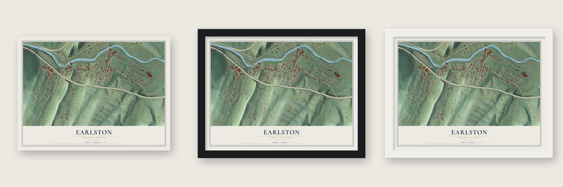 Earlston, Pennsylvania map unframed, in a black wood frame and in a white wood frame