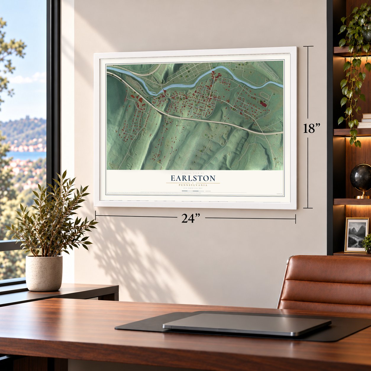 Earlston, Pennsylvania map, 18 x 24 inch print in a white frame in a home office