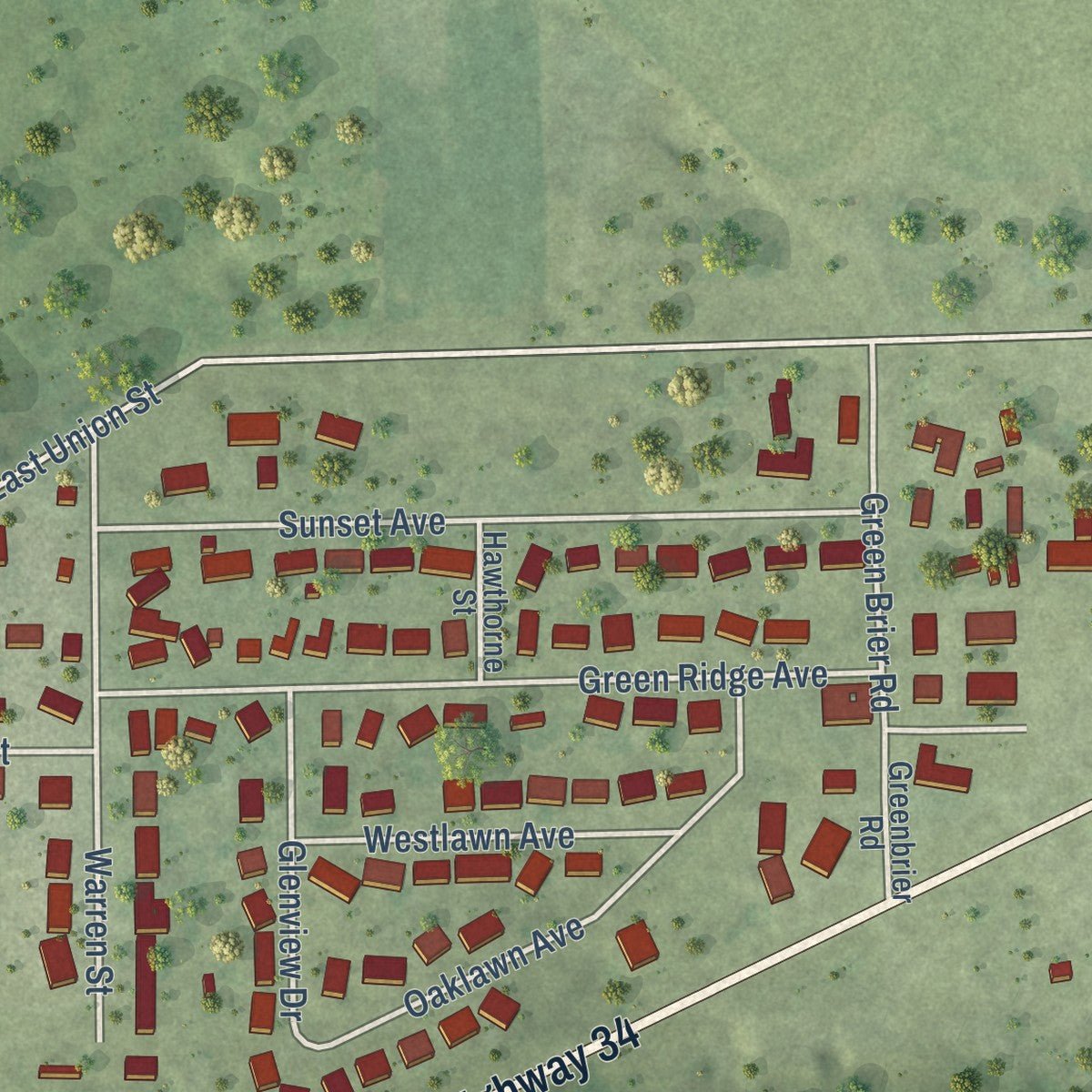 Second close-up of the map of Earlville, Illinois print showing more streets and buildings